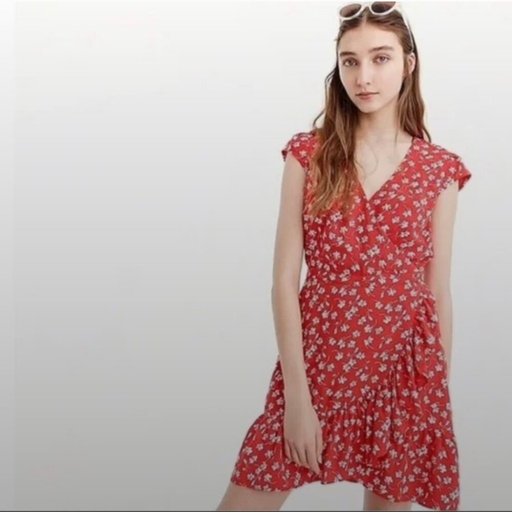J Crew Mercantile Red Ditsy Floral Faux Wrap V Neck Ruffle Mini Dress Sz 6P